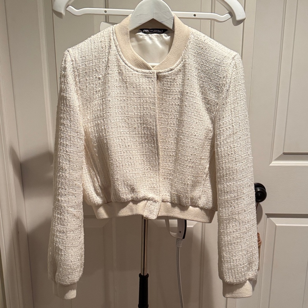 Zara Cream tweed look Bomber Jacket